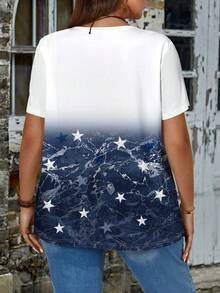 EMERY ROSE Women's Plus Size Casual Independence Day Pattern V-Neck Short Sleeve T-Shirt, Summer