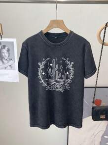 女裝夏季仙人掌印花圓領短袖復古水洗T恤 - 黑色 - 查看 3