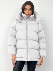 EURMUSE Zip Up Hooded Puffer Coat - White - View 5