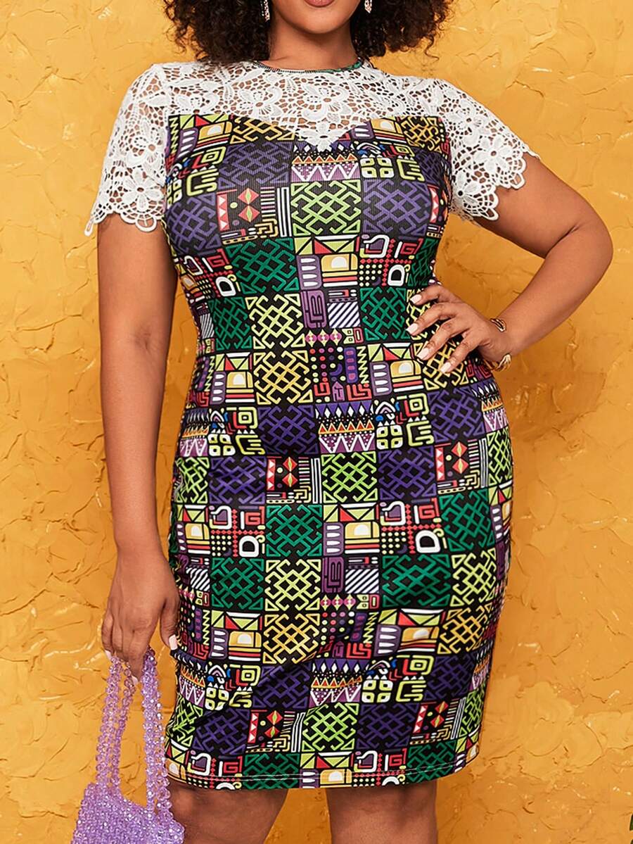 SHEIN Lady Quần áo mùa hè in và chắp vá Plus Size Dress - Nhiều màu - Xem 1