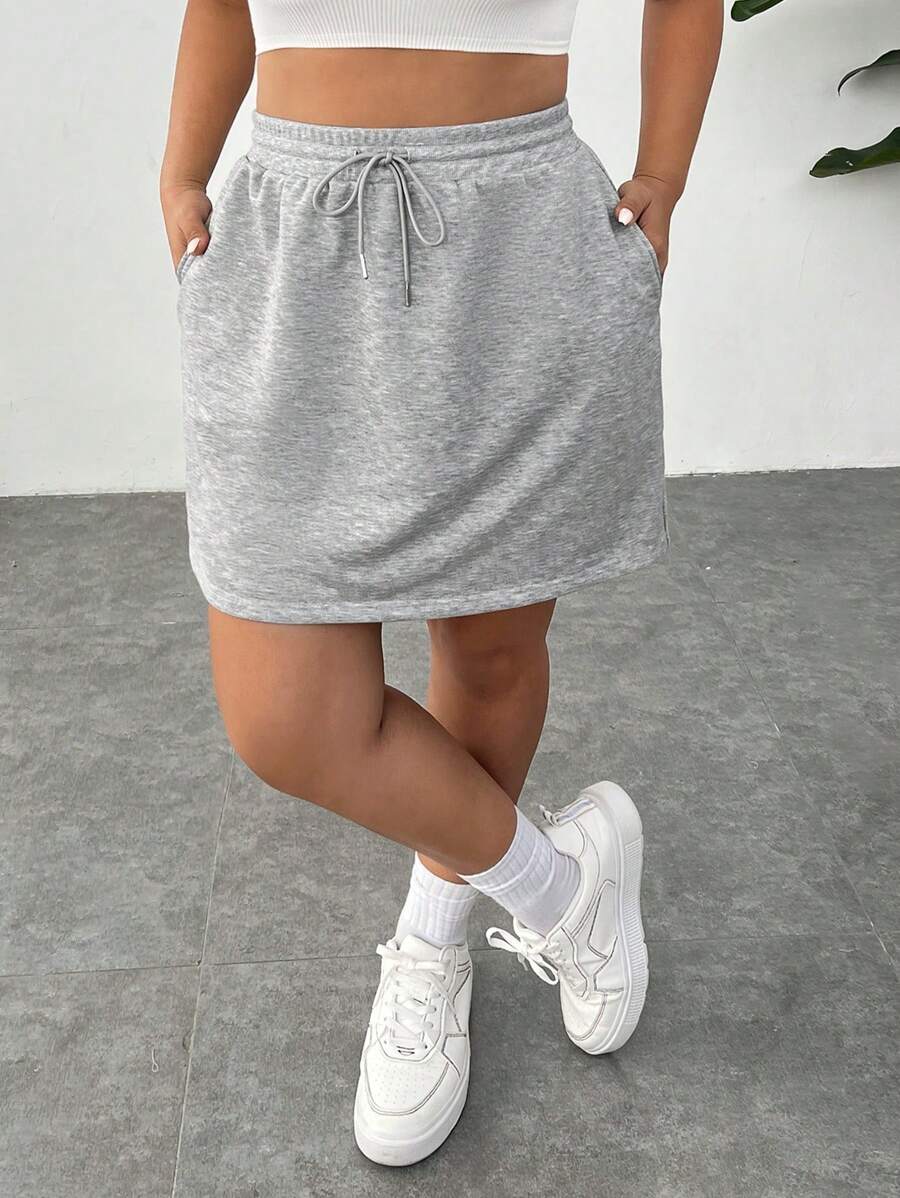 SHEIN EZwear Women's Plus Size Knitted Casual Sweatshirt And Skirt Set - Grey - View 1
