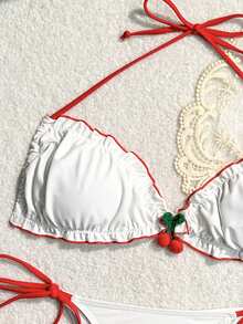 Swim Mod Bộ bikini có đường viền tương phản dành cho nữ dành cho kỳ nghỉ ở bãi biển & hồ bơi, Bộ bikini đi biển mùa hè Bộ áo ngực và bikini dưới Bộ bikini dành cho bãi biển mùa hè - Đỏ và trắng - Xem 8