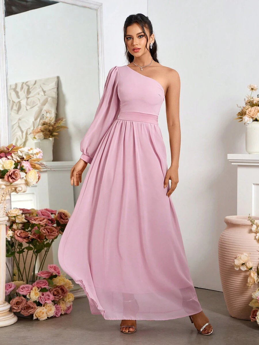 SHEIN Belle 女性春夏時尚純色燈籠袖長裙 - 粉色 - 查看 1