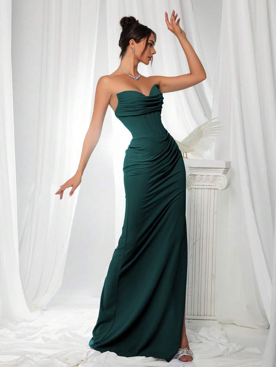VIPGIRL Elegant Bridesmaid Dress: Strapless Flattering Fitted Satin Gown With Corset Bodice & Draped Waist – Minimalist Luxury Formal Evening Wear, Wedding Guest Outfit - Dark Green - View 1
