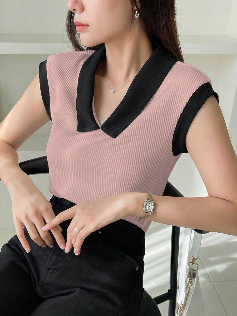 DAZY 女士夏季拼色Polo領口休閒短袖T卹