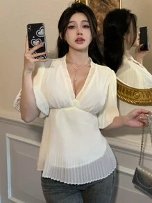 DAZY 女士雪纺短袖衬衫裙，适合派对、返校活动，荷叶边 - 米色 - 查看 12