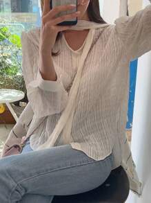 DAZY Damen Frühlings-/Sommer-Lässig Einfarbige Strukturierte Puffärmel Bluse mit fließenden Trägern Langarm Top - Weiss - Übersicht 8