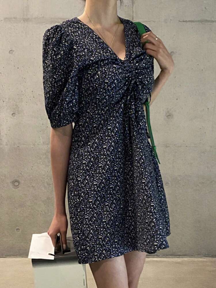 Women's Summer Ditsy Floral Chest Wrap Short Sleeve Dress Sundress Prom Dress Boho