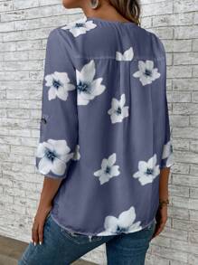 SHEIN LUNE 女款花卉印花鈕扣半扣領短袖輕便襯衫，適用於夏季度假 - 藍色 - 查看 2