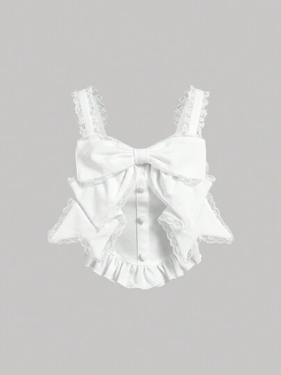 SHEIN MOD 白色超大3D蝴蝶結蕾絲花邊扇邊上衣，適合夏日派對和皇家約會