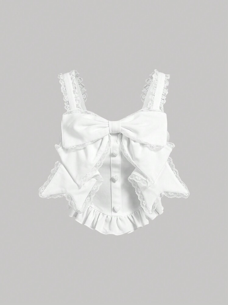 SHEIN MOD 하얀색 오버사이즈 3D 리본 레이스 꽃 단추 프릴 엣지 탑, 여름 파티 및 로얄 데이트에 완벽함