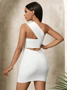 BamGleam Women's Summer Solid Color Sleeveless Bodycon Dress With Ruffled Waist And Hollowed-Out Knot,Strapless Dress,White Crop Dress,There Are Many Ways To Wear It,One Shoulder Dress, Mini Short Women Outfit - White - View 7