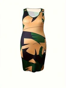 Plus Size Women's Summer Geometric Print Sleeveless Casual Dress - Yellow - View 3