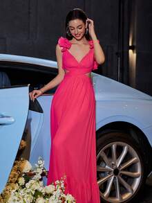 Chiffon Backless Cross Tie Ruched Ruffle Hem Invisible Zipper Large Swing Evening Dress Elegant Formal Prom Wedding Guest Gown, For Graduation, Dinner Party Dress - Hot Pink - View 4