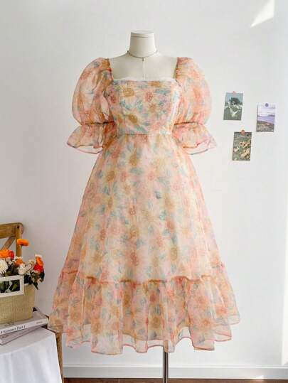 Dreamara 加大尺寸女士蓬蓬袖透明紗向日葵印花連身長裙，散發田園浪漫氣息的流蘇半鄉村風格