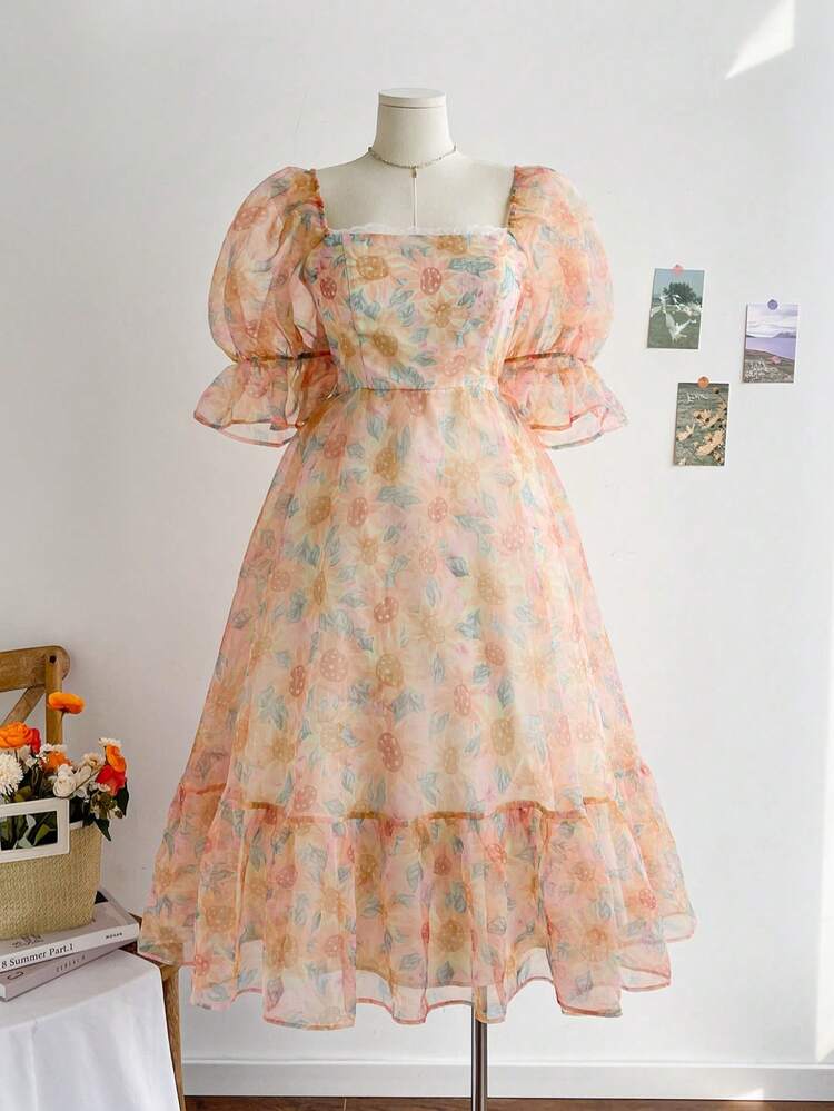 Plus-Size Women's Puffed Sleeve Organza Sunflower Print After Binding Pastoral Romantic Flowy Semi-Rustic Long Dress