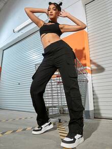 Solid Flap Pocket Cargo Trousers - Black - View 5