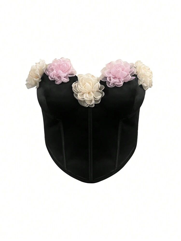 Plus Size Strapless Wrapped Bust 3D Flower Corset Top With Steel Bones