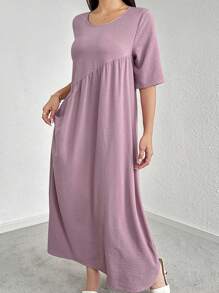 Seusyu Đầm dài dáng rộng màu trơn cho nữ cho mùa hè - Hồng - Xem 5