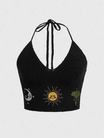 Hippie Halter Große Größe Gestrickte Top Mit Gesticktem Sonne Und Mond Muster