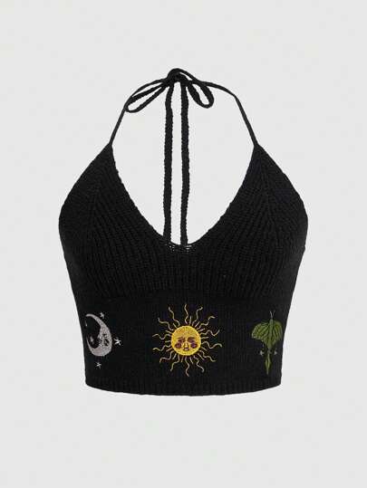 Hippie Top De Punto Para Mujer Con Cuello Halter De Talla Grande Con Patrón Bordado Del Sol Y La Luna