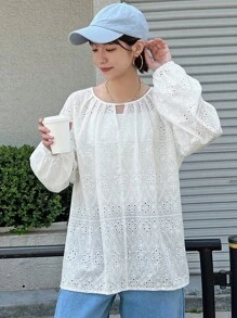 FRIFUL Women's Solid Color Round Neck Hollow Out Embroidered Long Sleeve Casual Shirt, Summer - Apricot - View 6