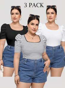 SHEIN Essnce Paquete de 3 camisetas de cuello cuadrado ajustadas de verano para mujer talla grande, ropa de verano para mujer, blusas lindas, camisetas a rayas, atuendos de verano, blusas talla grande, blusas curvilíneas