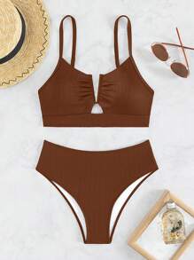 SHEIN Swim Conjunto de bikini de dos piezas para mujer, traje de baño de tela especial para vacaciones, traje de baño de playa de verano