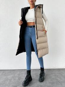 SHEIN Tall Tall Size Zip Up Drawstring Hooded Puffer Vest Coat ,Travel Outfit Airport - Black - View 5