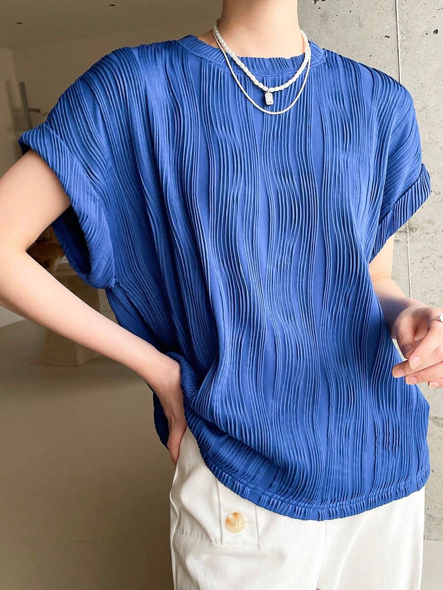 Mulvari Women Summer Solid Color Texture Round Neck Short-Sleeved Casual T-Shirt - Blue - View 1