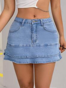 SHEIN PETITE Falda vaquera de doble capa para mujer con dobladillo con volantes y bolsillos - Lavado ligero - Ver 5