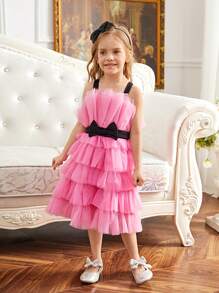 SHEIN Young Girls' Sweet & Cool Mesh Spaghetti Strap Dress For Daily Wear - Pink - View 10