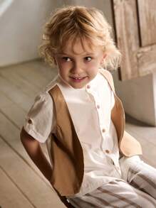 Cozy Pixies Conjunto informal de niño con cárdigan bicolor 2 en 1 y pantalones a rayas