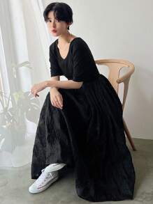 FRIFUL 女士纯色简约休闲夏季短袖连衣裙吊带长裙 - 黑色 - 查看 1