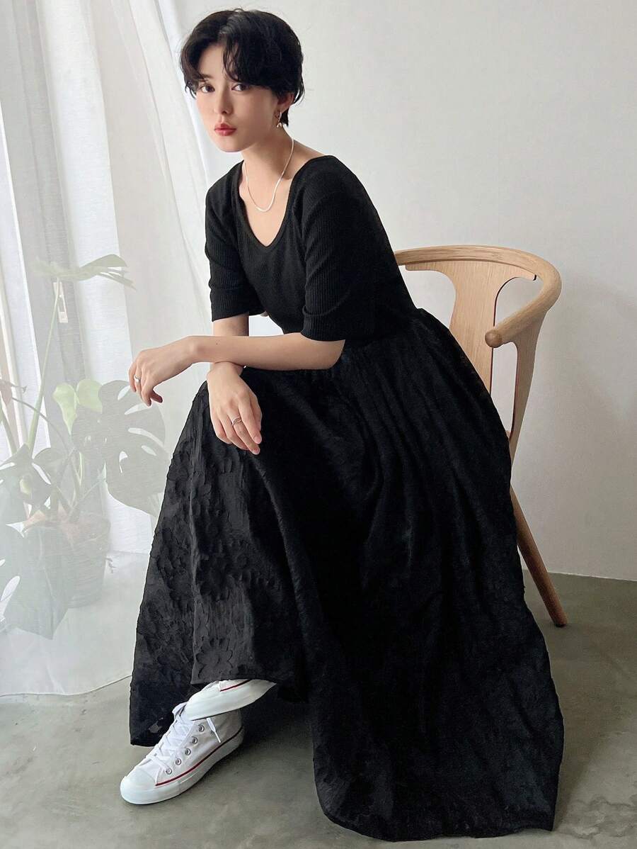 FRIFUL 女士纯色简约休闲夏季短袖连衣裙吊带长裙 - 黑色 - 查看 1