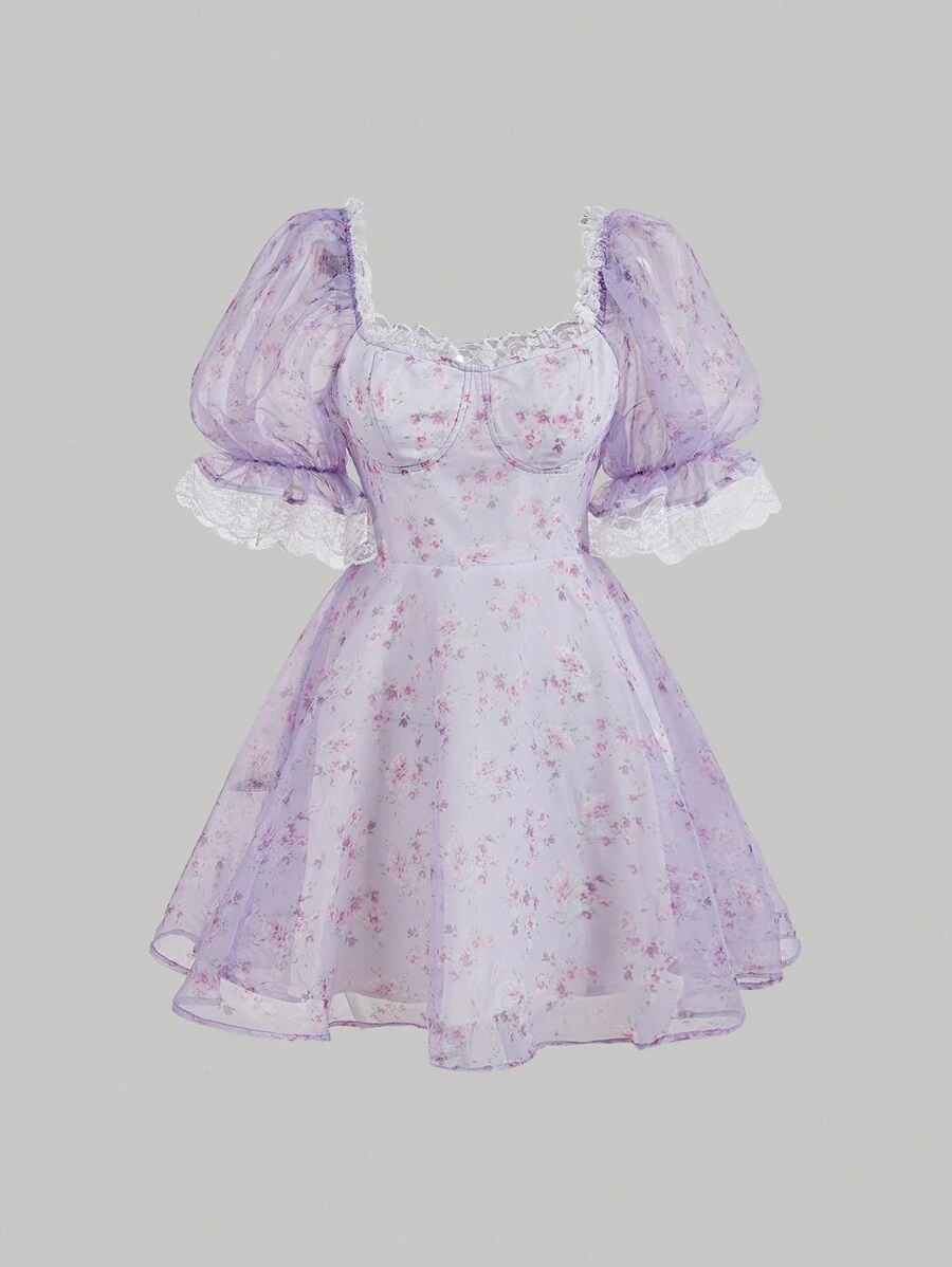 SHEIN MOD Bridgerton風格派對紫色花卉印花蕾絲修邊夢幻公主風格泡泡裙 - 淡紫色 - 查看 1