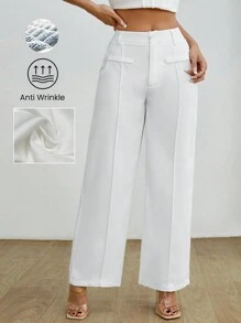SHEIN PETITE Quần Ống Rộng Nữ Màu Trơn Cạp Cao, Chất Liệu Vải Chống Nhăn - trắng - Xem 8