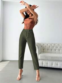 SHEIN Cottnline Solid Color Back Pocket Denim Jeans - Khaki - View 5