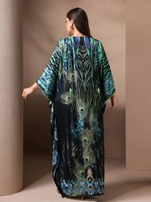 Plus Size Peacock Feather Print Batwing Sleeve Dress, Fashion For Spring Summer - Multicolor - View 2