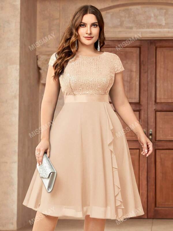 Plus Glitter Sequin Ruffle Trim Chiffon Hem Semi Formal Party Swing Dress, Elegant Prom Semi Formal Wedding Guest Dress, For Birthday, Graduation, Homecoming