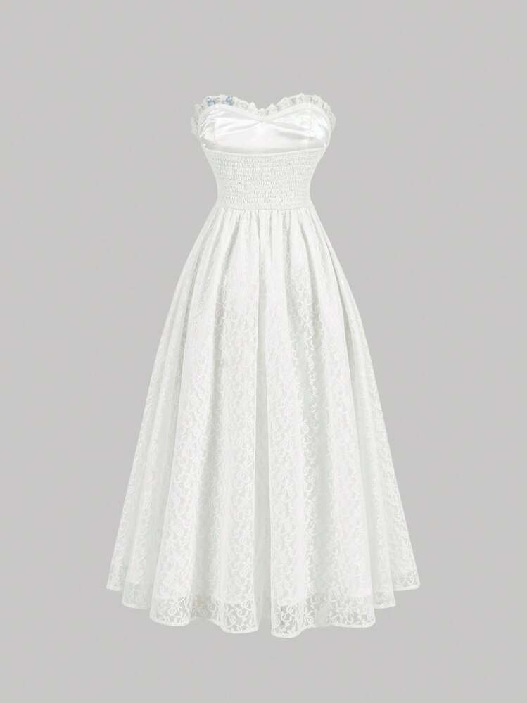 SHEIN MOD Vestido blanco de encaje sin tirantes vintage/Vestido estampado de mariposas azules, Vestido blanco de graduación, Vestido de boda elegante, Vestido de dama de honor - Blanco - Añade 2