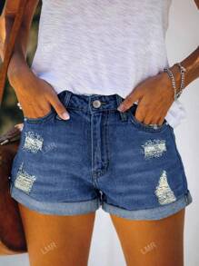 Summer Casual Distressed Elastic Cuffed Denim Shorts