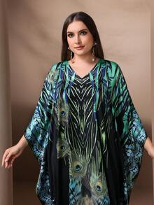 Plus Size Peacock Feather Print Batwing Sleeve Dress, Fashion For Spring Summer - Multicolor - View 6