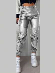 SHEIN VaVaLuxe Quần tiện ích có còng giống như kim loại thời trang - Bạc - Xem 3