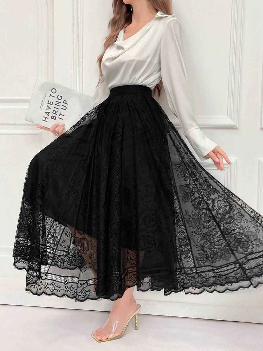 Modelyn 纯色优雅复古伞形编织半身裙 女装秋季必备 - 黑色 - 查看 1