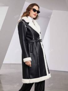 ZIAI Chaqueta de piel con cuello mullido, con cinturón, bolsillos y de moda para el otoño/invierno