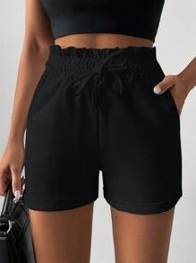 RueChic Solid Color Paper Bag Waist Casual Shorts With Pockets, Summer - Black - View 4