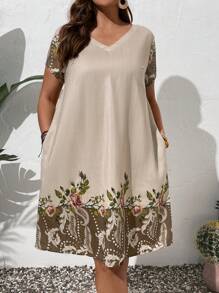 EMERY ROSE Große Größen V-Ausschnitt Blumenmuster Sommer Lässig Kurzarm Kleid für den Urlaub für Lehrer Kleidung - Aprikosenfarben - Übersicht 6