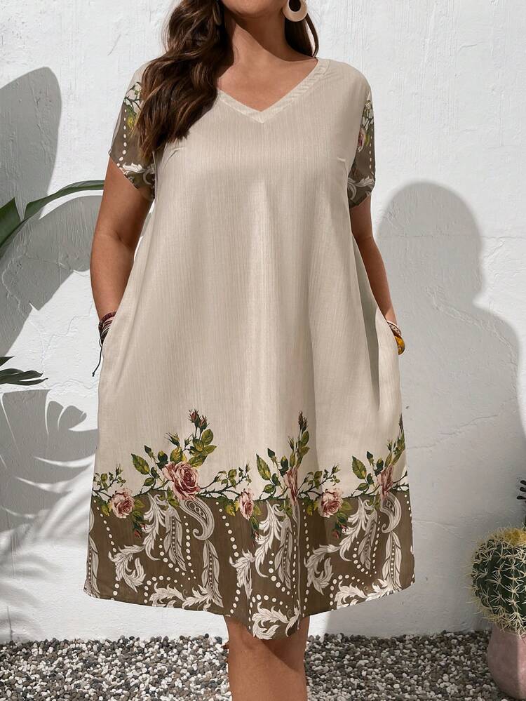Plus Size V-Neck Floral Print Summer Casual Short Sleeve Dress For Vacation For Teacher Clothes