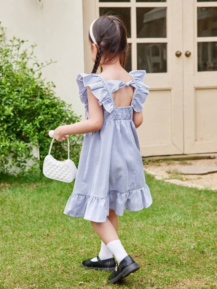 Young Girl Striped Casual Midi Dress With Ruffle Trim And Bow Decoration